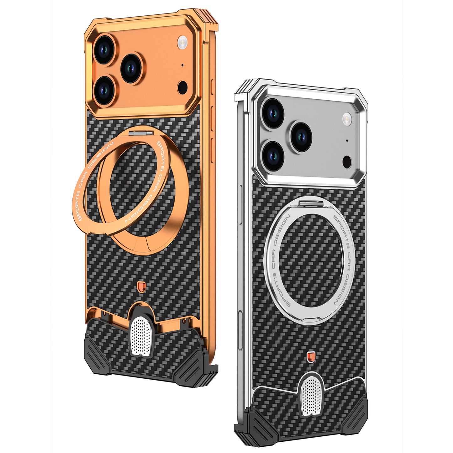 Armor King Hypercar MagSafe Pivot Ring Stand Elastic Buckle Metal+Carbon Fiber Texture Back Case Cover