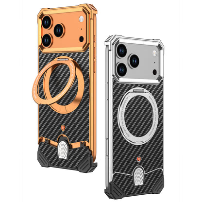 Armor King Hypercar MagSafe Pivot Ring Stand Elastic Buckle Metal+Carbon Fiber Texture Back Case Cover