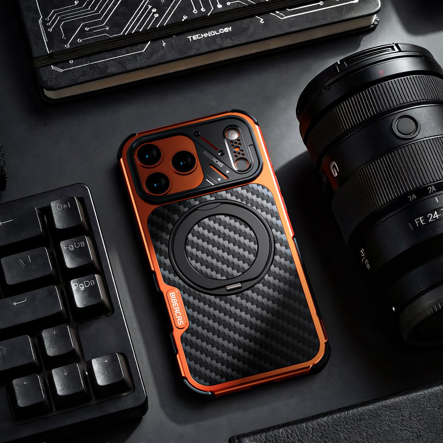 Armor King Urban Mecha MagSafe Shockproof TPU + Metal Frame + Carbon Fiber Backplate / Wooden Board Case Cover