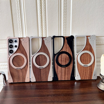 Armor King Stoat Bezel-less MagSafe Pivot Ring Stand Walnut Wood Metal Case Cover