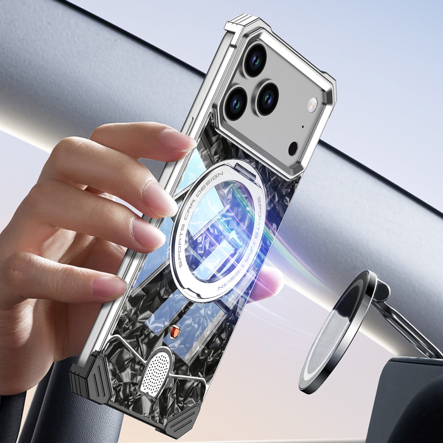 Armor King Hypercar MagSafe Pivot Ring Stand Elastic Buckle Metal+Marble Texture Back Case Cover