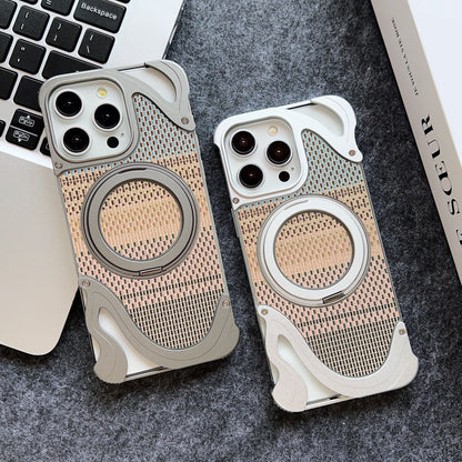 Armor King Dolphin Bezel-less MagSafe Pivot Ring Stand Golden Silk Silver Brocade Metal Case Cover