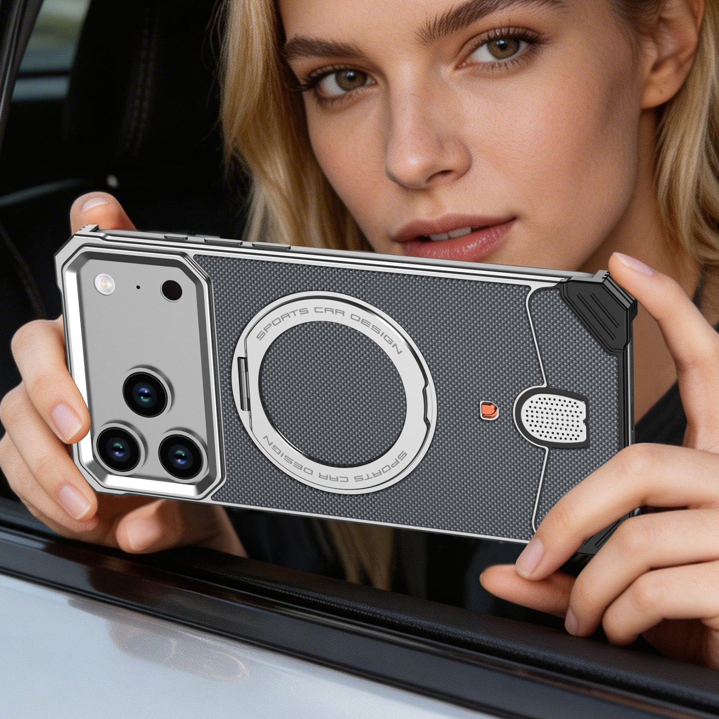 Armor King Hypercar MagSafe Pivot Ring Stand Elastic Buckle Metal+Leather Back Case Cover
