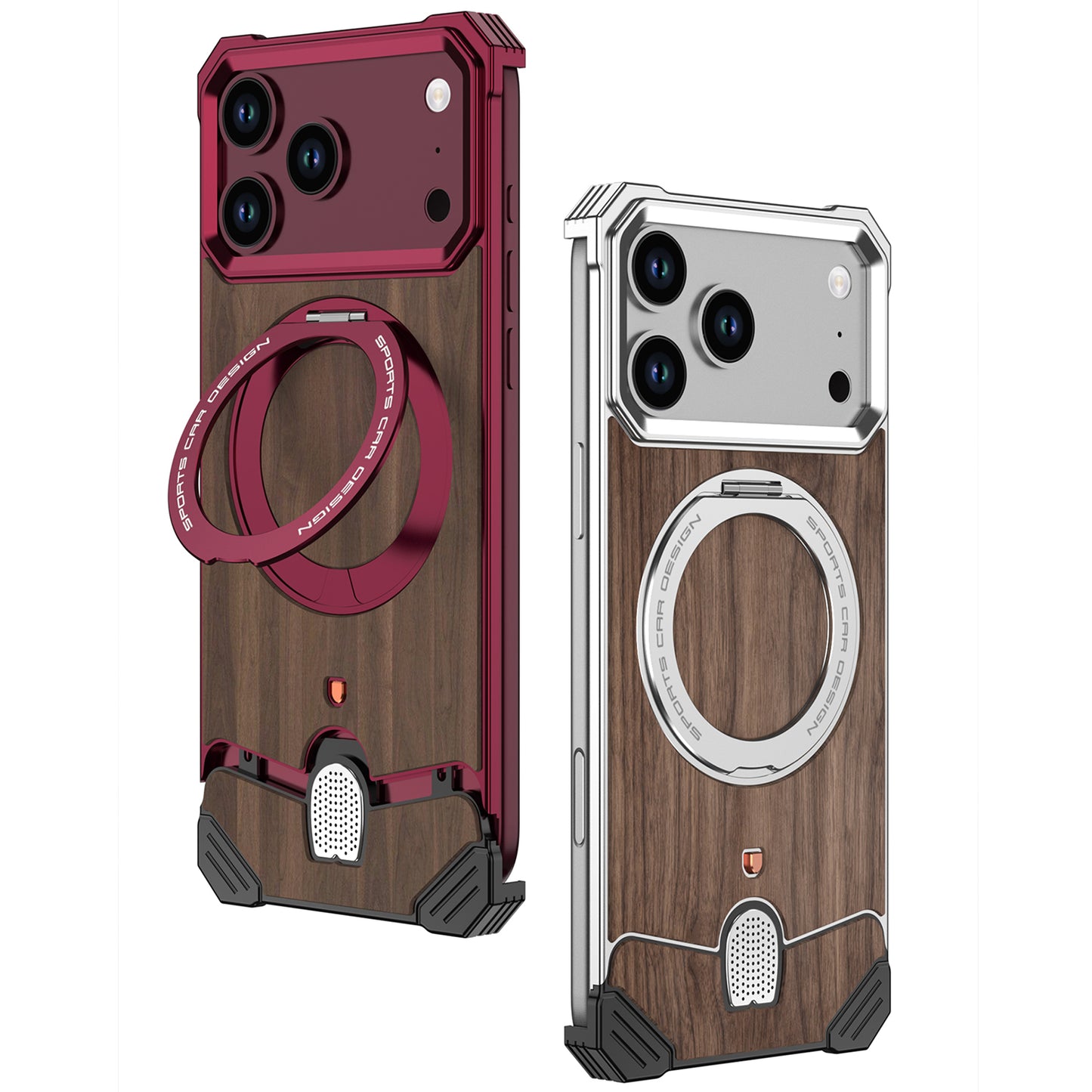 Armor King Hypercar MagSafe Pivot Ring Stand Elastic Buckle Metal+Walnut Texture Back Case Cover