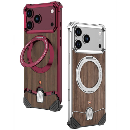 Armor King Hypercar MagSafe Pivot Ring Stand Elastic Buckle Metal+Walnut Texture Back Case Cover