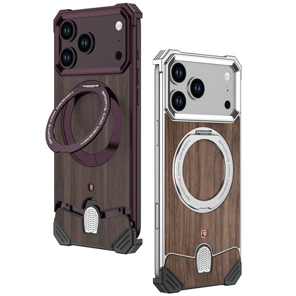 Armor King Hypercar MagSafe Pivot Ring Stand Elastic Buckle Metal+Walnut Texture Back Case Cover