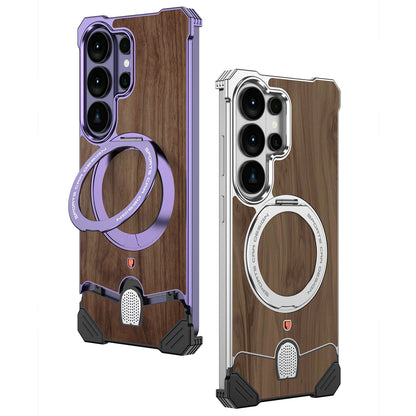 Armor King Hypercar MagSafe Pivot Ring Stand Elastic Buckle Metal+Walnut Texture Back Case Cover