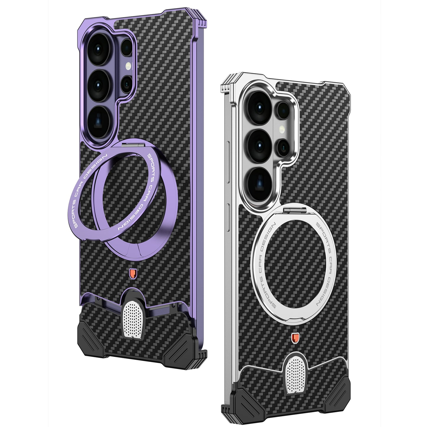 Armor King Hypercar MagSafe Pivot Ring Stand Elastic Buckle Metal+Carbon Fiber Texture Back Case Cover