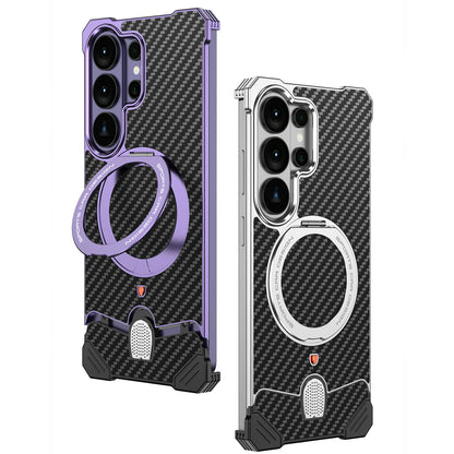 Armor King Hypercar MagSafe Pivot Ring Stand Elastic Buckle Metal+Carbon Fiber Texture Back Case Cover