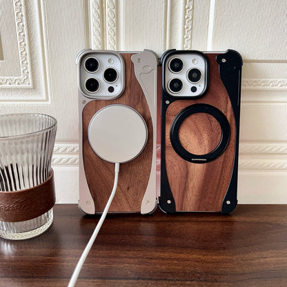 Armor King Stoat Bezel-less MagSafe Pivot Ring Stand Walnut Wood Metal Case Cover
