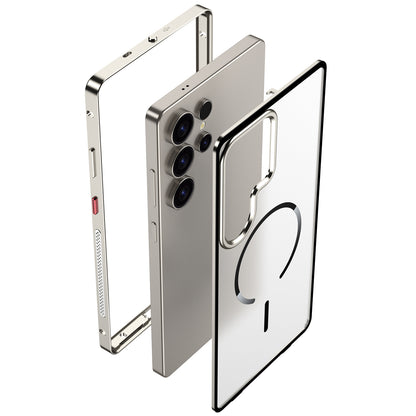 Armor King MagSafe Elastic Buckle Heat Dissipation Metal Bumper Frosted Acrylic Back Case Cover