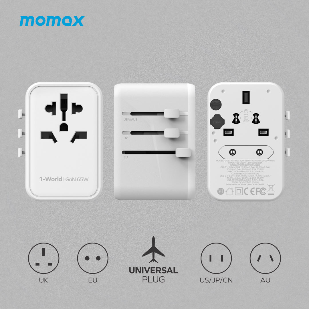 MOMAX 1-World PD 65W GaN 5-Port + AC Charger Universal Travel Adapter