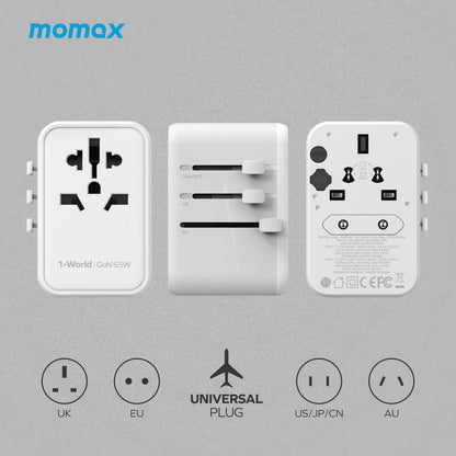 MOMAX 1-World PD 65W GaN 5-Port + AC Charger Universal Travel Adapter