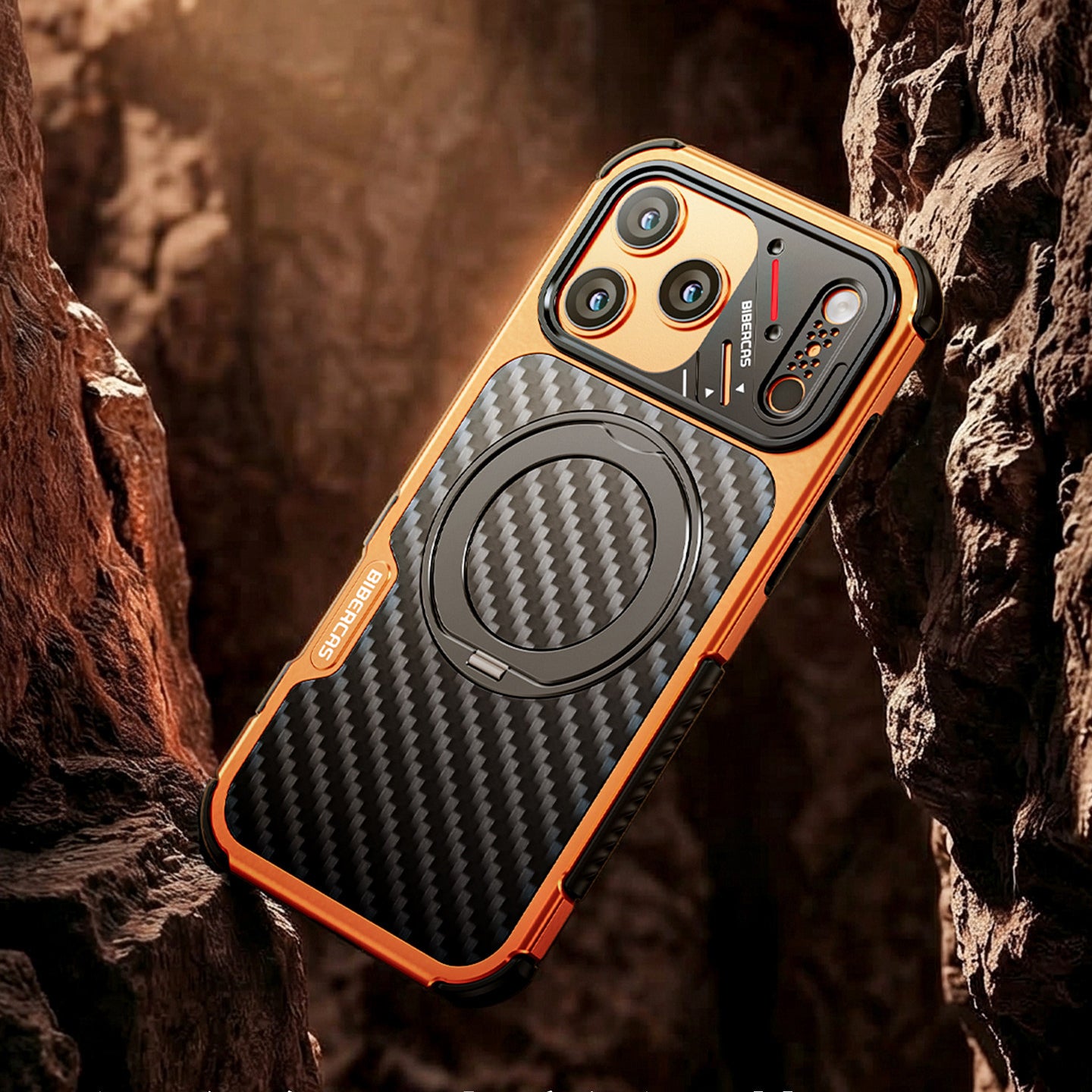 Armor King Urban Mecha MagSafe Shockproof TPU + Metal Frame + Carbon Fiber Backplate / Wooden Board Case Cover