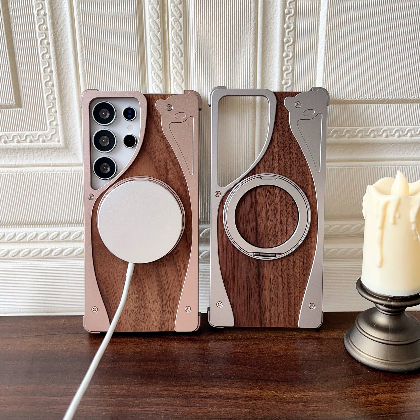 Armor King Stoat Bezel-less MagSafe Pivot Ring Stand Walnut Wood Metal Case Cover