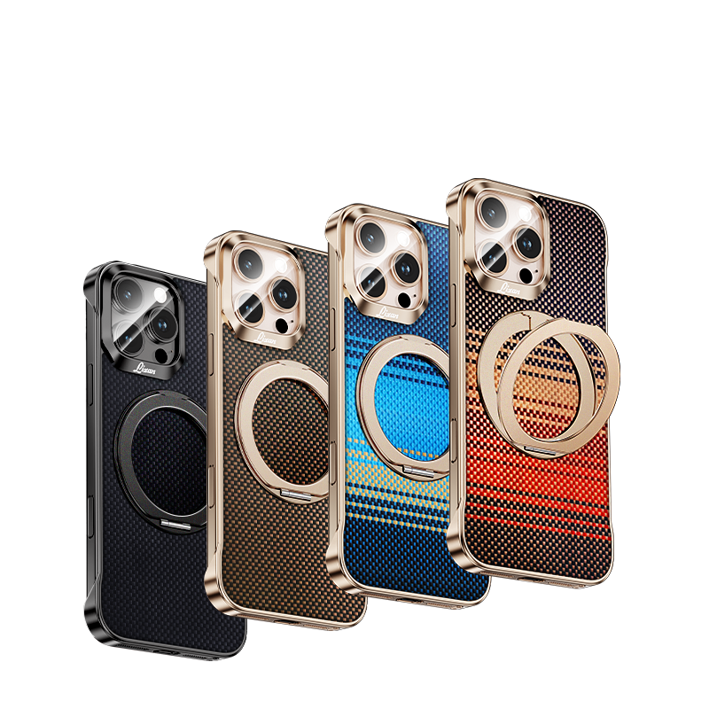 Armor King Bezel-less Aramid Fiber MagSafe Pivot Ring Stand PC Back Case Cover