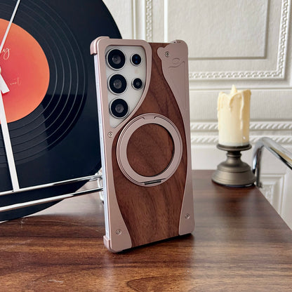 Armor King Stoat Bezel-less MagSafe Pivot Ring Stand Walnut Wood Metal Case Cover
