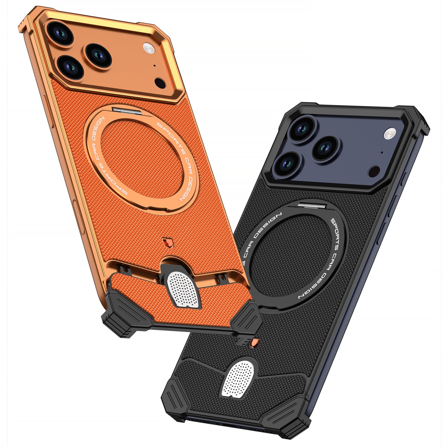 Armor King Hypercar MagSafe Pivot Ring Stand Elastic Buckle Metal+Leather Back Case Cover