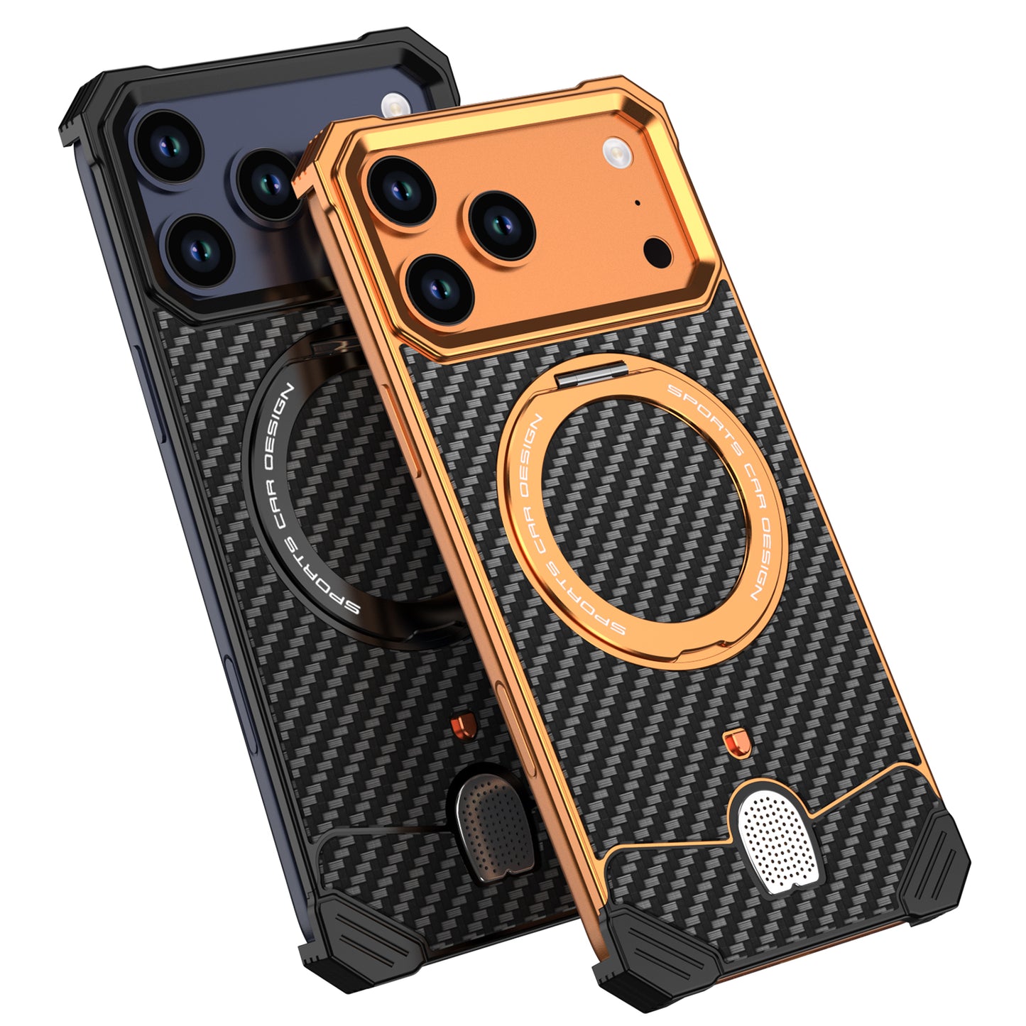 Armor King Hypercar MagSafe Pivot Ring Stand Elastic Buckle Metal+Carbon Fiber Texture Back Case Cover