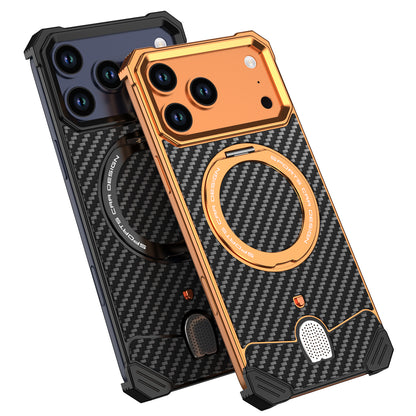 Armor King Hypercar MagSafe Pivot Ring Stand Elastic Buckle Metal+Carbon Fiber Texture Back Case Cover