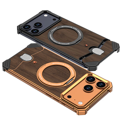 Armor King Hypercar MagSafe Pivot Ring Stand Elastic Buckle Metal+Walnut Texture Back Case Cover