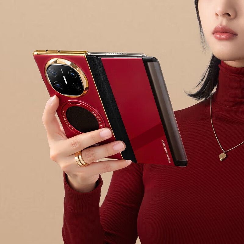 Oatsbasf Metal + Genuine Leather Smart Clear View Flip Cover MagSafe Bracket Case