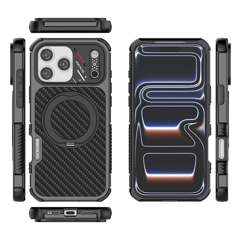 Armor King Urban Mecha MagSafe Shockproof TPU + Metal Frame + Carbon Fiber Backplate / Wooden Board Case Cover