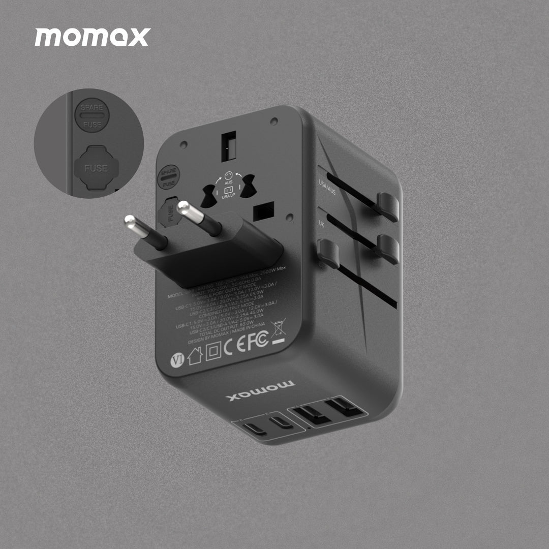 MOMAX 1-World PD 65W GaN 5-Port + AC Charger Universal Travel Adapter