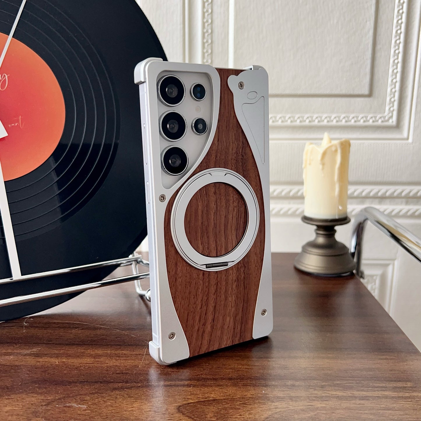 Armor King Stoat Bezel-less MagSafe Pivot Ring Stand Walnut Wood Metal Case Cover