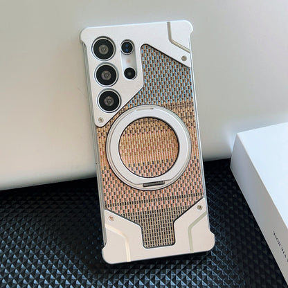 Armor King Bezel-less Armature MagSafe Pivot Ring Stand Armature Golden Silk Silver Brocade Metal Case Cover