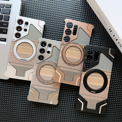 Armor King Bezel-less Armature MagSafe Pivot Ring Stand Armature Golden Silk Silver Brocade Metal Case Cover