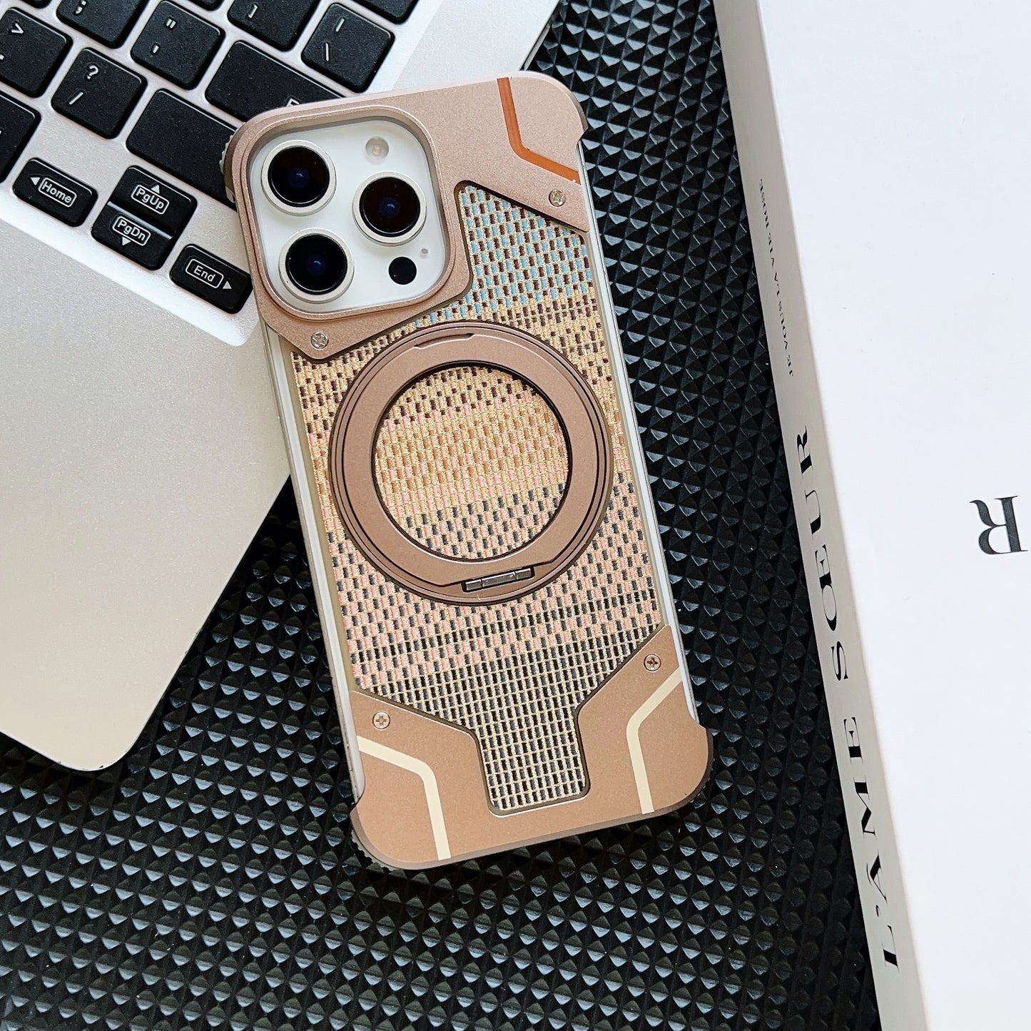 Armor King Bezel-less Armature MagSafe Pivot Ring Stand Armature Golden Silk Silver Brocade Metal Case Cover