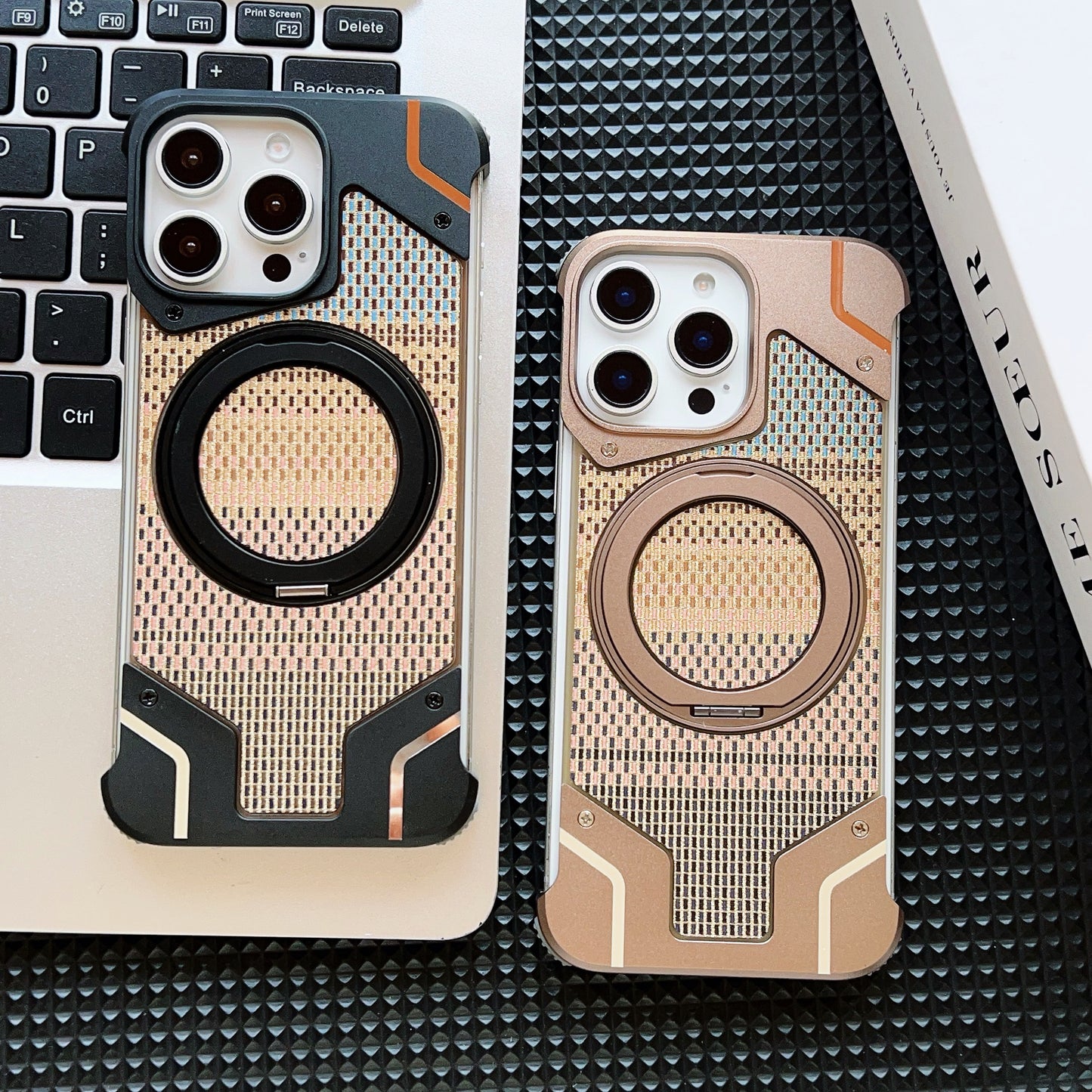 Armor King Bezel-less Armature MagSafe Pivot Ring Stand Armature Golden Silk Silver Brocade Metal Case Cover