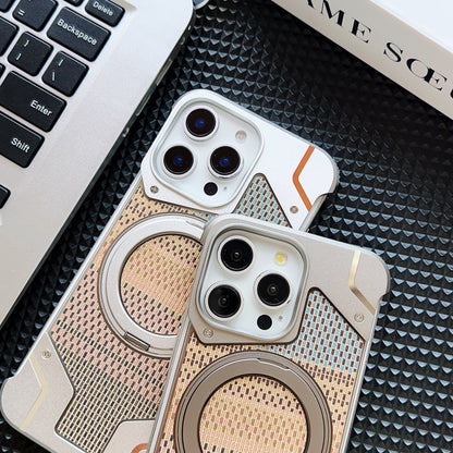 Armor King Bezel-less Armature MagSafe Pivot Ring Stand Armature Golden Silk Silver Brocade Metal Case Cover