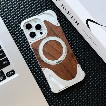 Armor King Dolphin Bezel-less MagSafe Pivot Ring Stand Walnut Wood Metal Case Cover