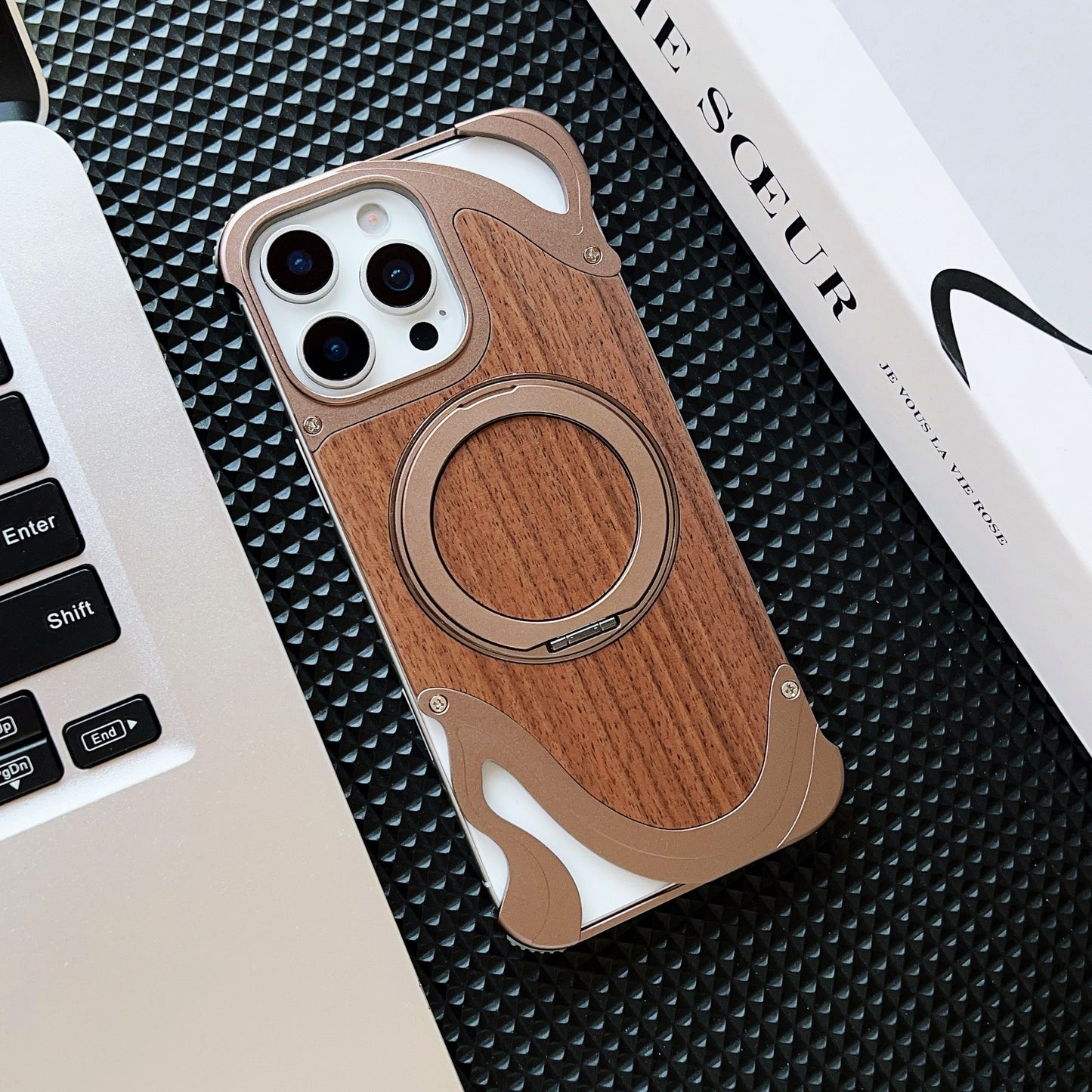 Armor King Dolphin Bezel-less MagSafe Pivot Ring Stand Walnut Wood Metal Case Cover