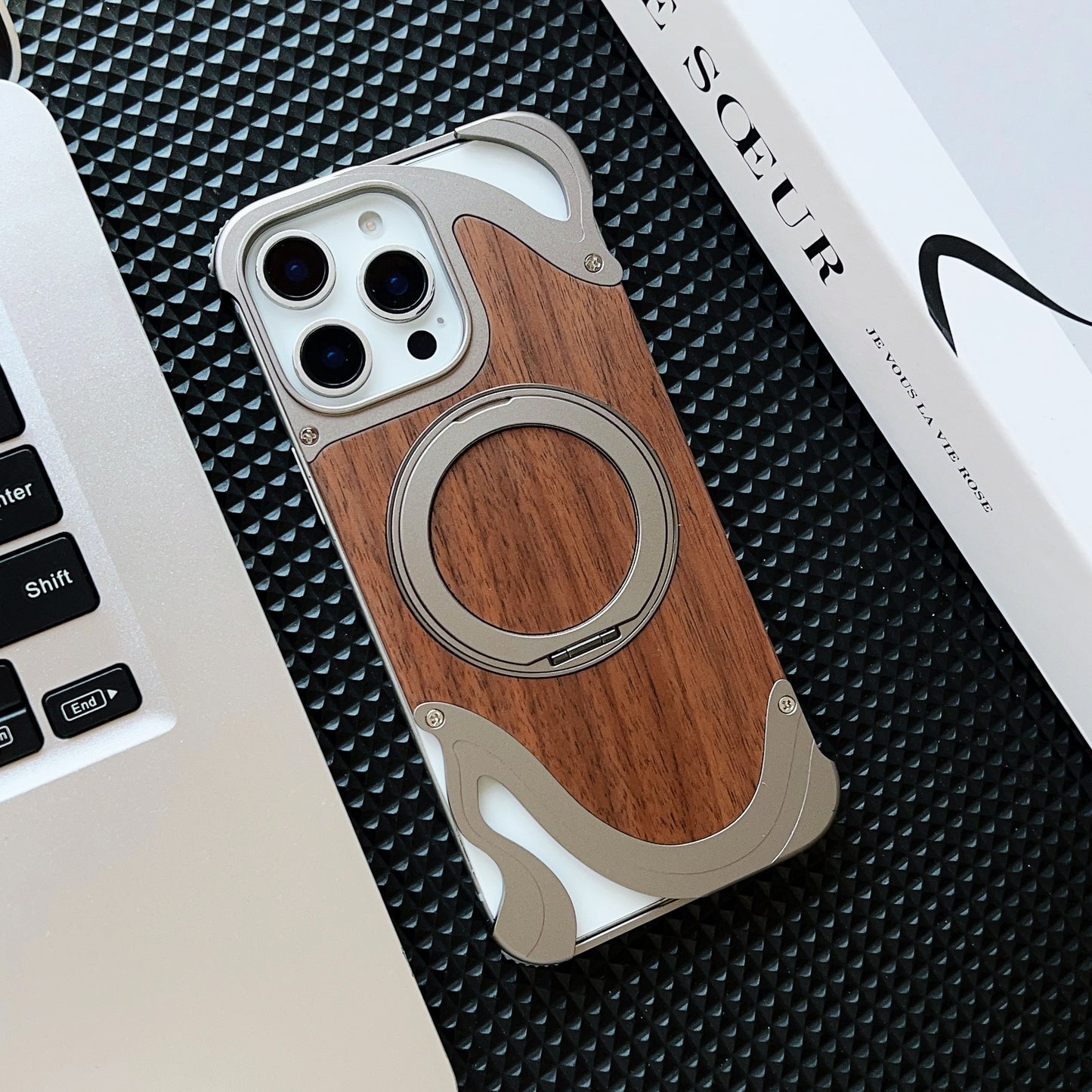 Armor King Dolphin Bezel-less MagSafe Pivot Ring Stand Walnut Wood Metal Case Cover