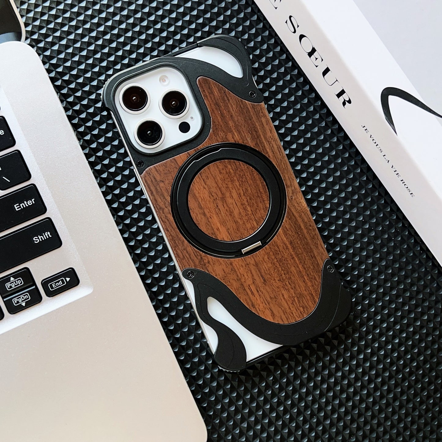Armor King Dolphin Bezel-less MagSafe Pivot Ring Stand Walnut Wood Metal Case Cover
