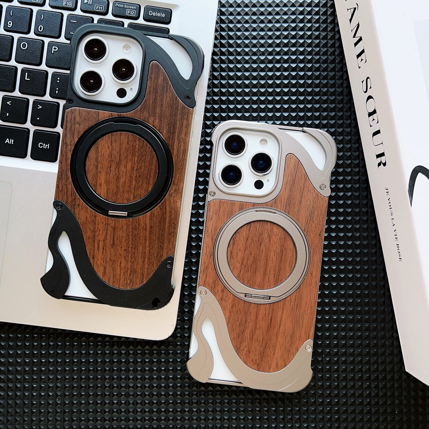 Armor King Dolphin Bezel-less MagSafe Pivot Ring Stand Walnut Wood Metal Case Cover