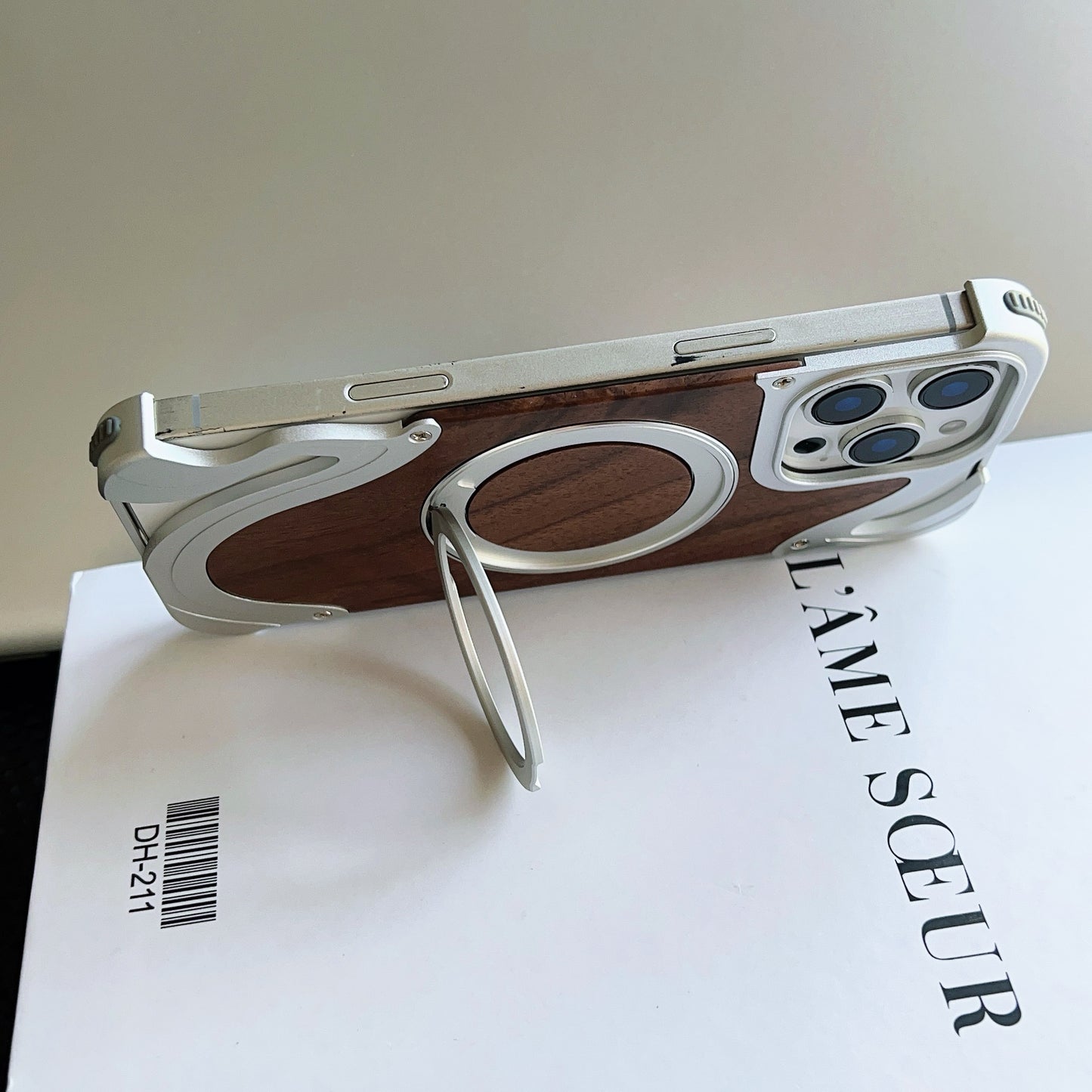 Armor King Dolphin Bezel-less MagSafe Pivot Ring Stand Walnut Wood Metal Case Cover