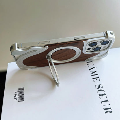 Armor King Dolphin Bezel-less MagSafe Pivot Ring Stand Walnut Wood Metal Case Cover