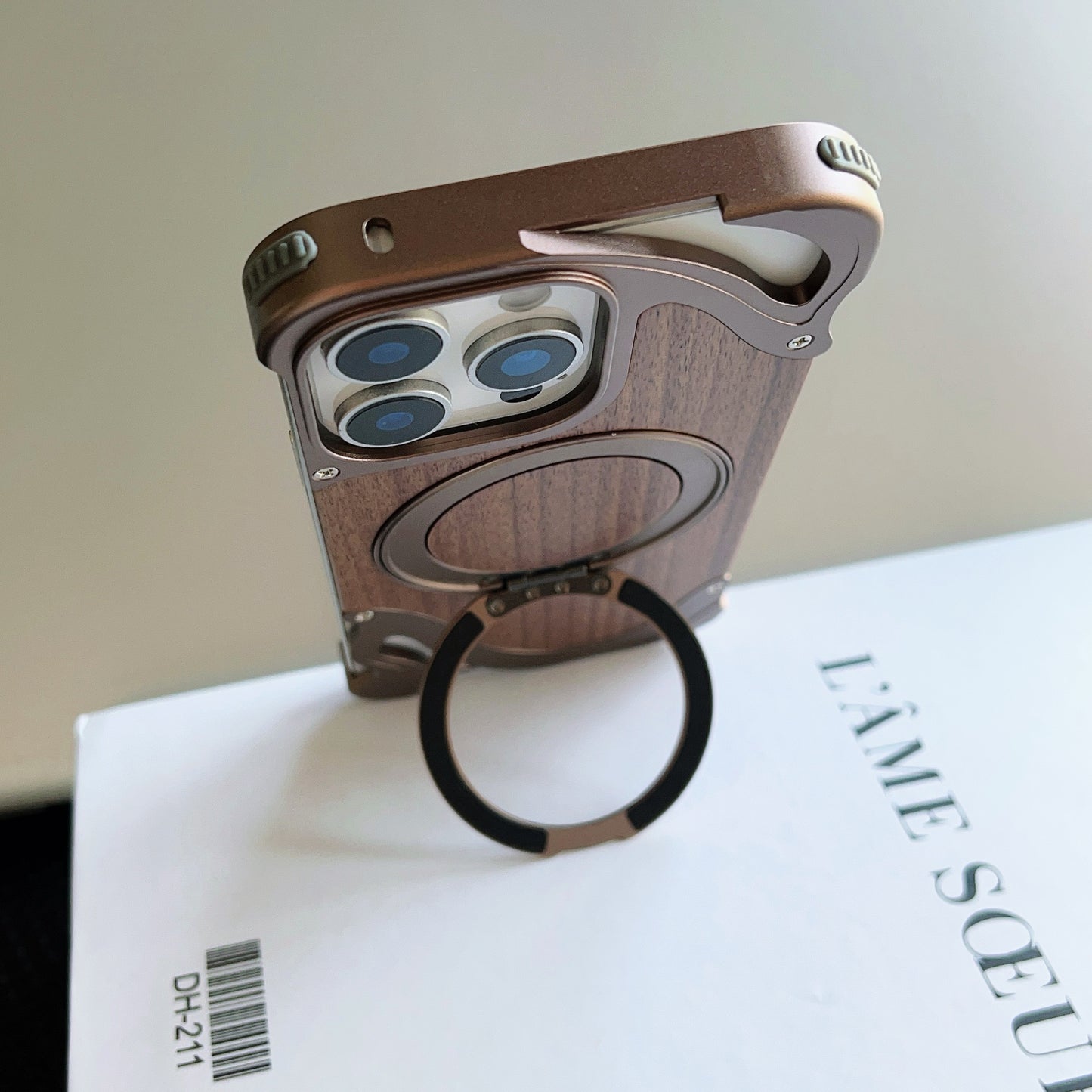 Armor King Dolphin Bezel-less MagSafe Pivot Ring Stand Walnut Wood Metal Case Cover