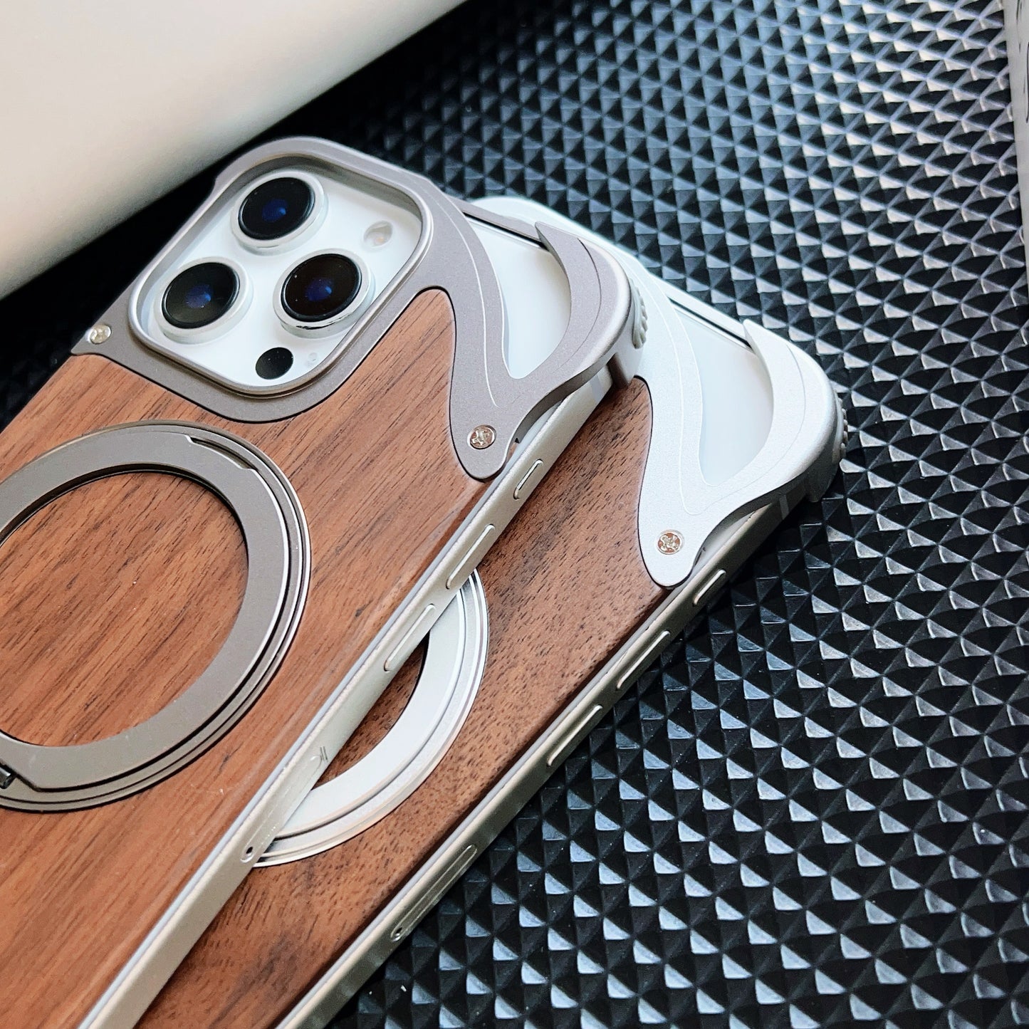 Armor King Dolphin Bezel-less MagSafe Pivot Ring Stand Walnut Wood Metal Case Cover