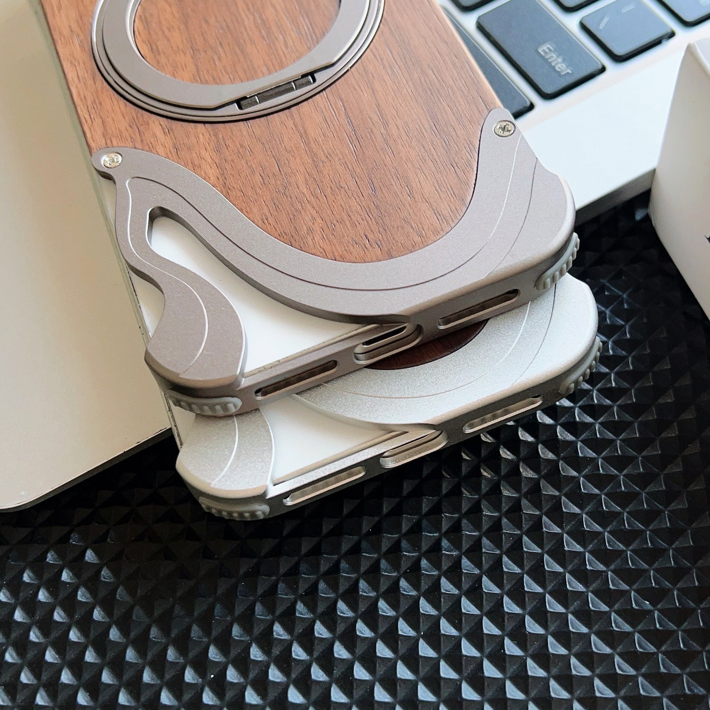Armor King Dolphin Bezel-less MagSafe Pivot Ring Stand Walnut Wood Metal Case Cover