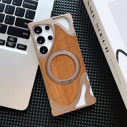 Armor King Dolphin Bezel-less MagSafe Pivot Ring Stand Walnut Wood Metal Case Cover