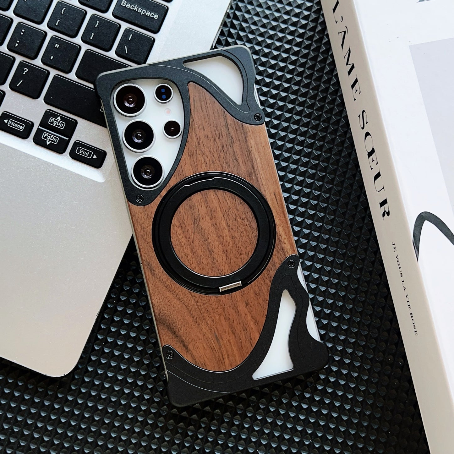 Armor King Dolphin Bezel-less MagSafe Pivot Ring Stand Walnut Wood Metal Case Cover