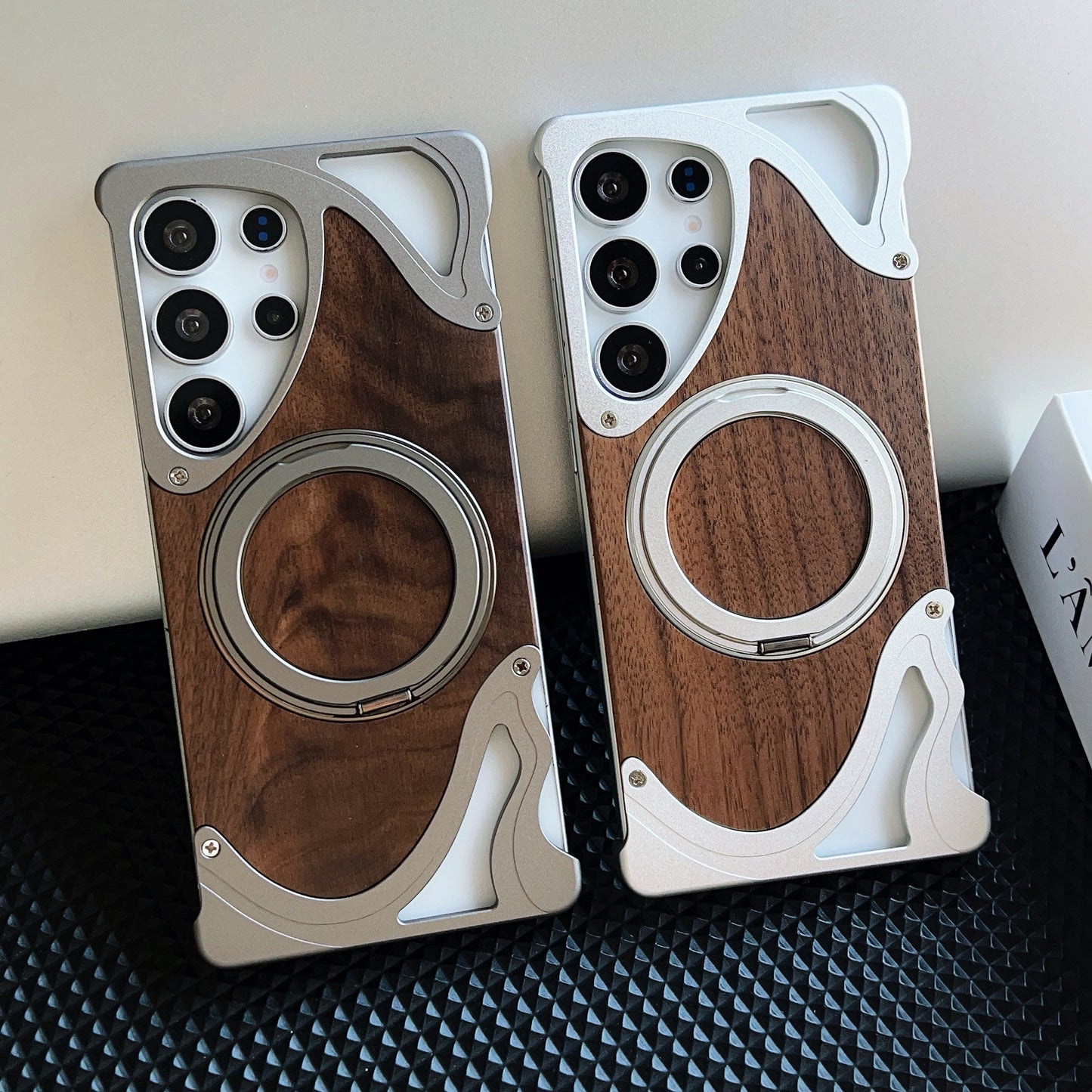 Armor King Dolphin Bezel-less MagSafe Pivot Ring Stand Walnut Wood Metal Case Cover