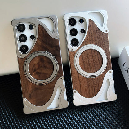 Armor King Dolphin Bezel-less MagSafe Pivot Ring Stand Walnut Wood Metal Case Cover