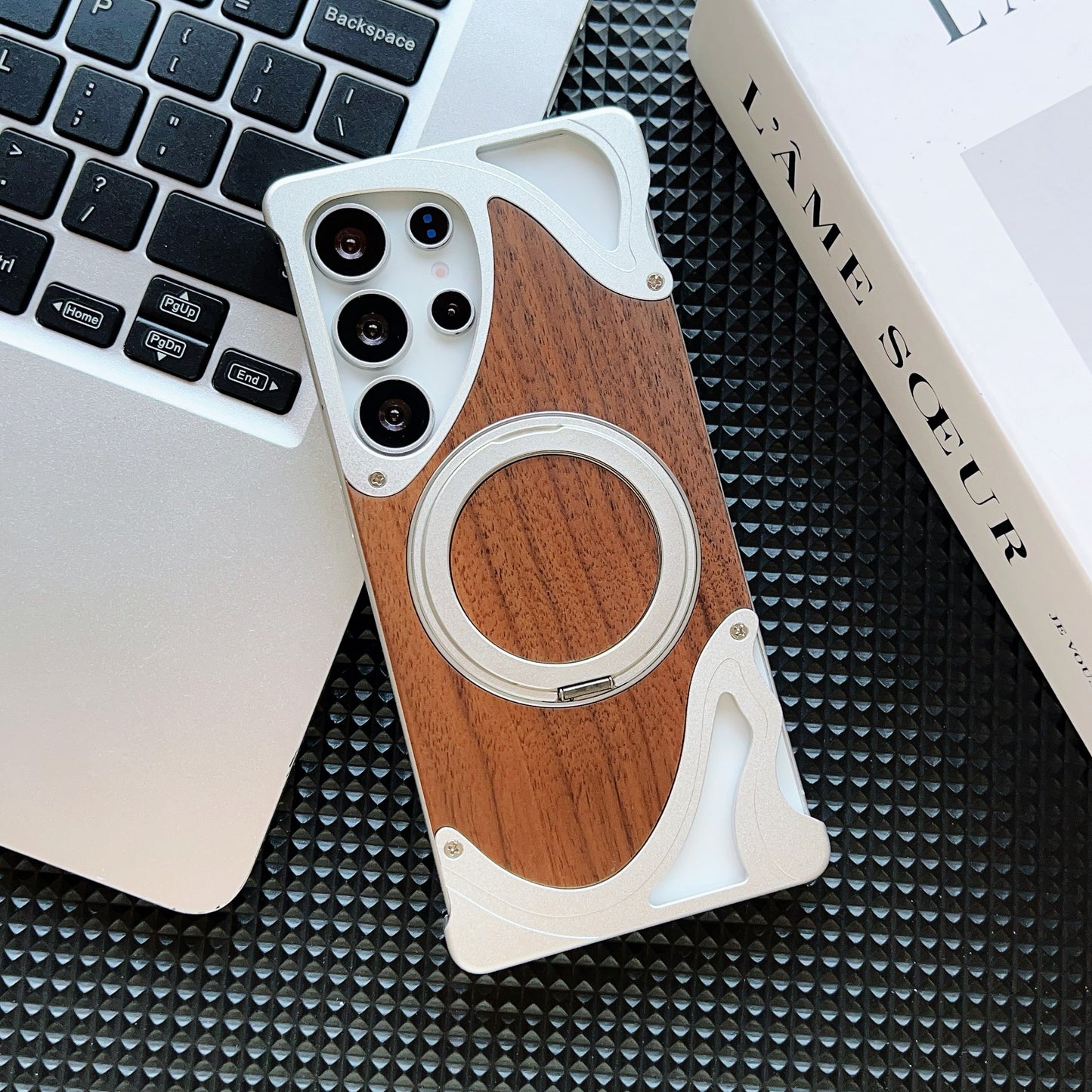 Armor King Dolphin Bezel-less MagSafe Pivot Ring Stand Walnut Wood Metal Case Cover