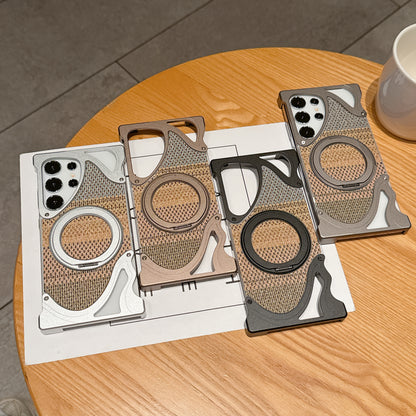 Armor King Dolphin Bezel-less MagSafe Pivot Ring Stand Golden Silk Silver Brocade Metal Case Cover